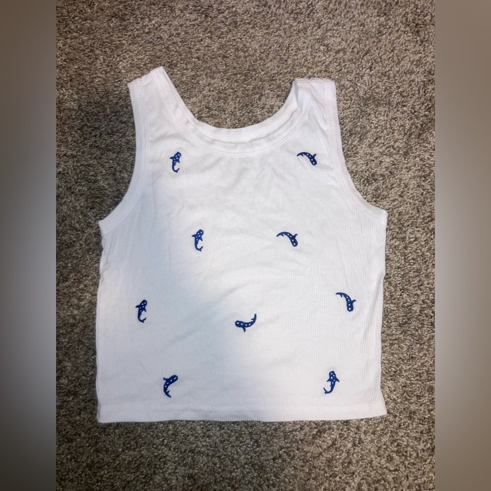 Source Unknown White Crop Top with Blue Whale Embroidery